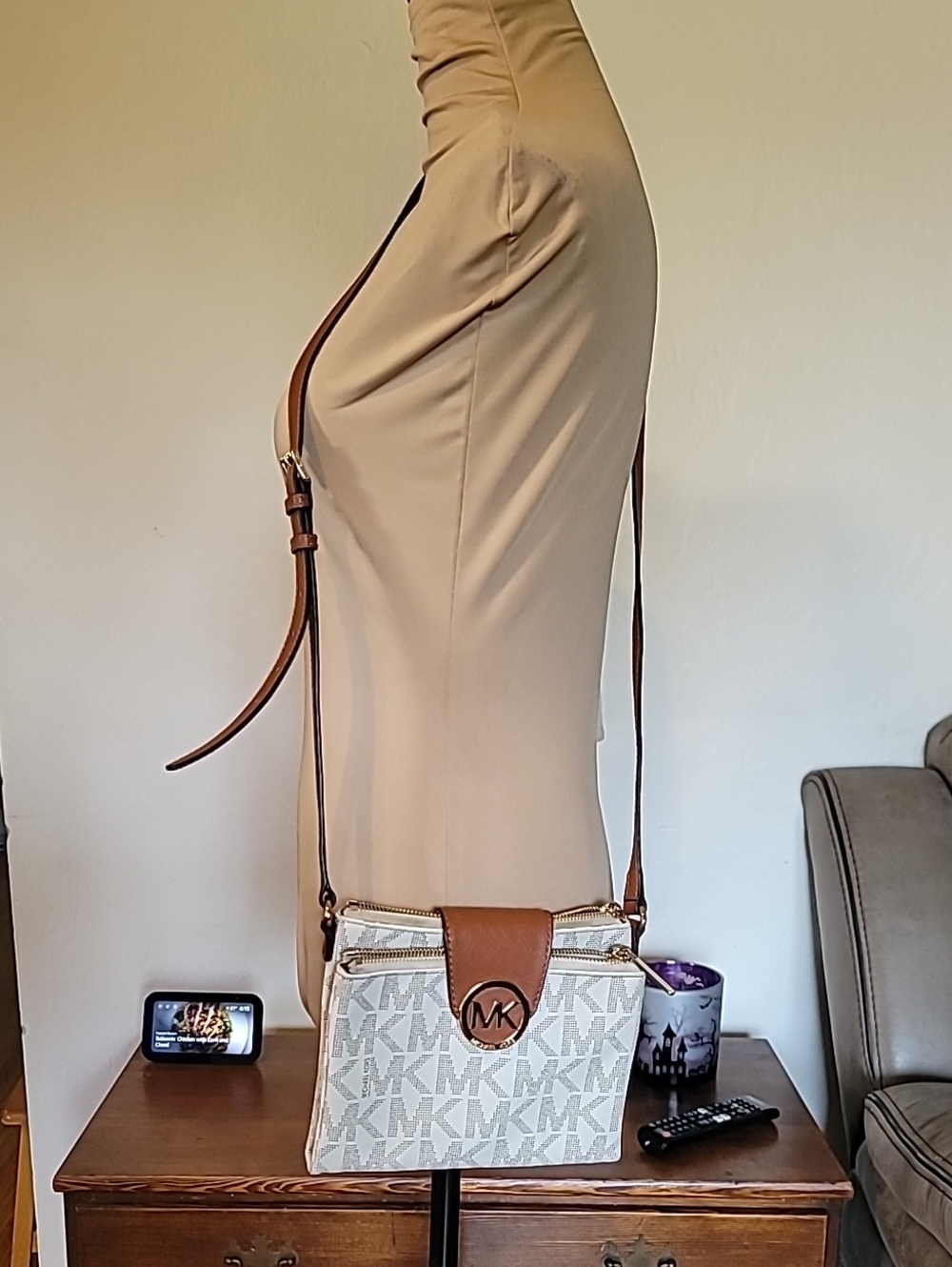 Michael Kors Cream & Brown Signature Leather Crossbody